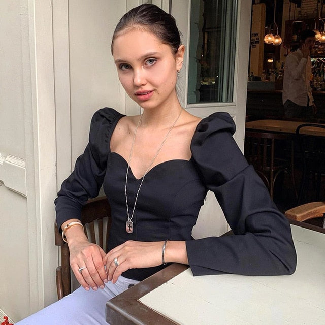 Cryptographic Vintage Square Collar Casual Puff Sleeve Women's Shirts And Blouses Autumn Solid Long Sleeve Tops 2019 Fashion