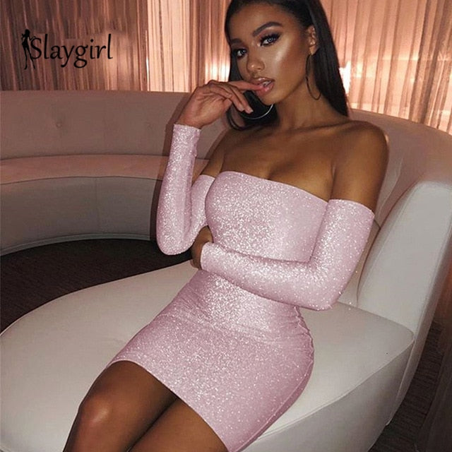 Slaygirl 2019 Bodycon Mini Dress Autumn Winter Sexy Dress Women Elegant Long Slash Neck Sleeve Club Party Dress Fashion Female
