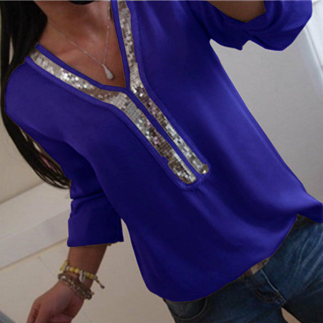 Fashion Women Ladies Long Sleeve Loose Blouse Summer V-Neck Casual Shirts Tops Clothing Sequined Solid Casual Soft Clothes