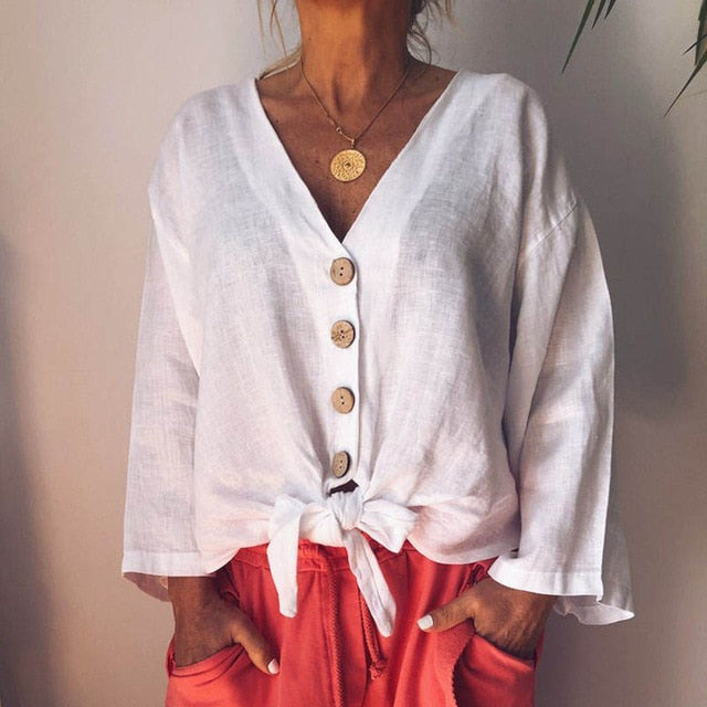 2019 Summer Fashion Blouse ZANZEA Women Long Sleeve Shirt Casual Cotton Linen Tops Sexy V Neck Buttons Down Knot Tunic Plus Size