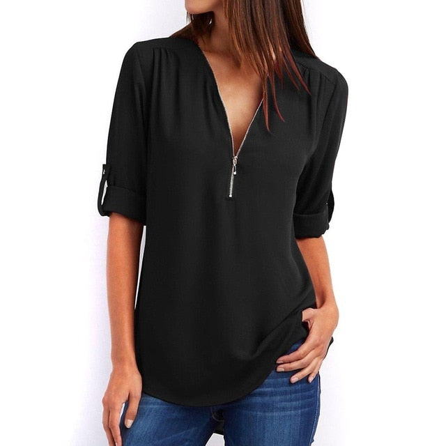 Summer Women Cool Loose Shirt Deep V Neck Chiffon Blouse Casual Ladies Tops Sexy Zipper Pullover Plus Size Long Sleeve Fashion