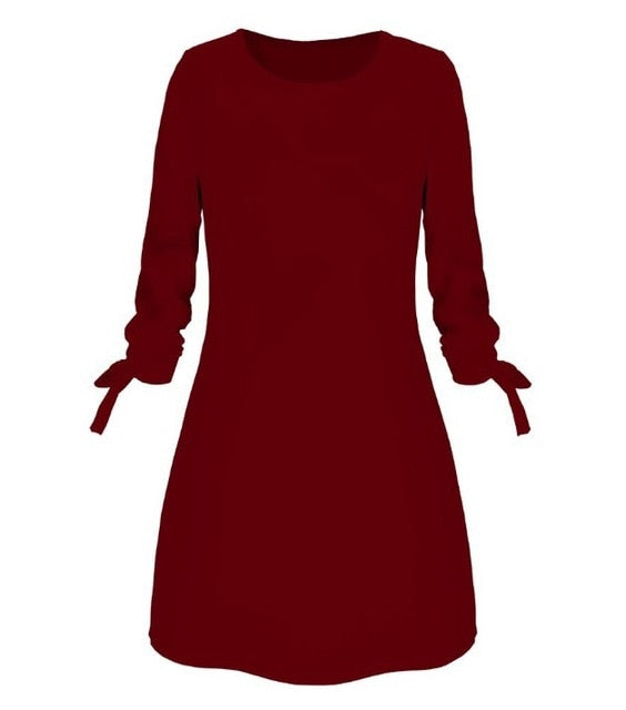 Women Fashion O-neck Solid Bow Elegant Straight Dress Spring Loose Mini Dresses 3/4 Sleeve Bow comfortable Plus Size