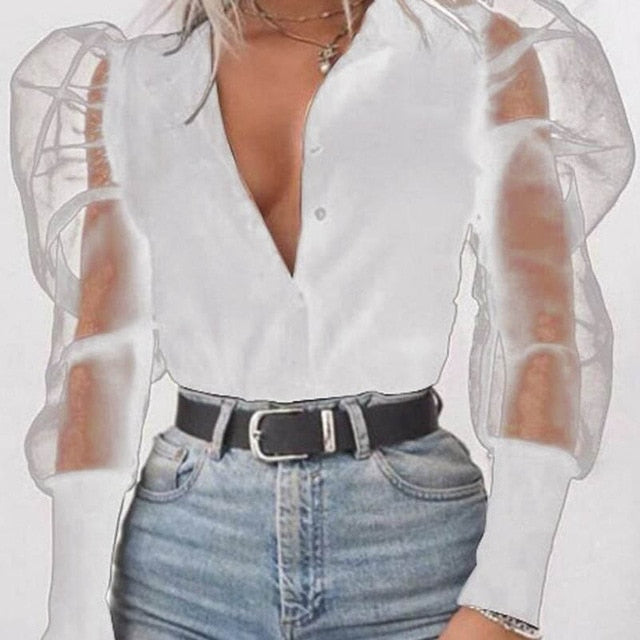 New Women Mesh Sheer Blouse See-through Puff Long Sleeve Blouse Fashion Pearl Transparent White Shirt Female Blusas Autumn Tops