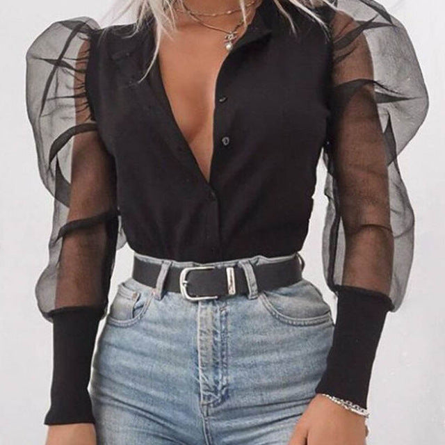 New Women Mesh Sheer Blouse See-through Puff Long Sleeve Blouse Fashion Pearl Transparent White Shirt Female Blusas Autumn Tops