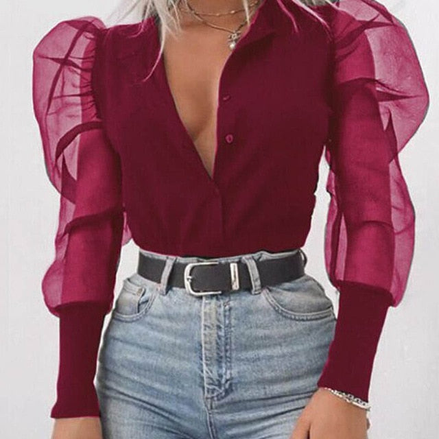 New Women Mesh Sheer Blouse See-through Puff Long Sleeve Blouse Fashion Pearl Transparent White Shirt Female Blusas Autumn Tops