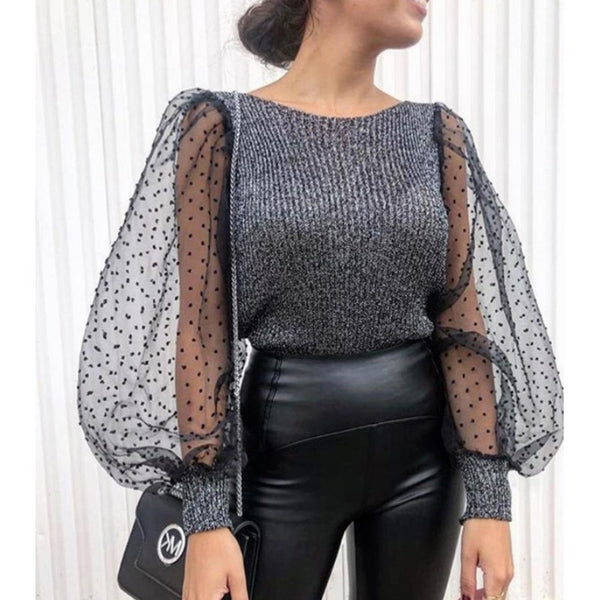 Elegant Knitted Patchwork Tops Blouse Mesh Puff Sleeve O-neck Streetwear 2019 New Fashion