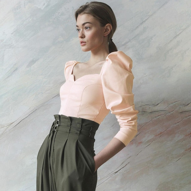 Cryptographic Vintage Square Collar Casual Puff Sleeve Women's Shirts And Blouses Autumn Solid Long Sleeve Tops 2019 Fashion