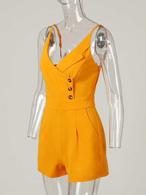 2020 Summer Women Elegant OL Style Casual Playsuit Female Leisure Short Jumpsuit Solid Spaghetti Strap Buttoned Romper