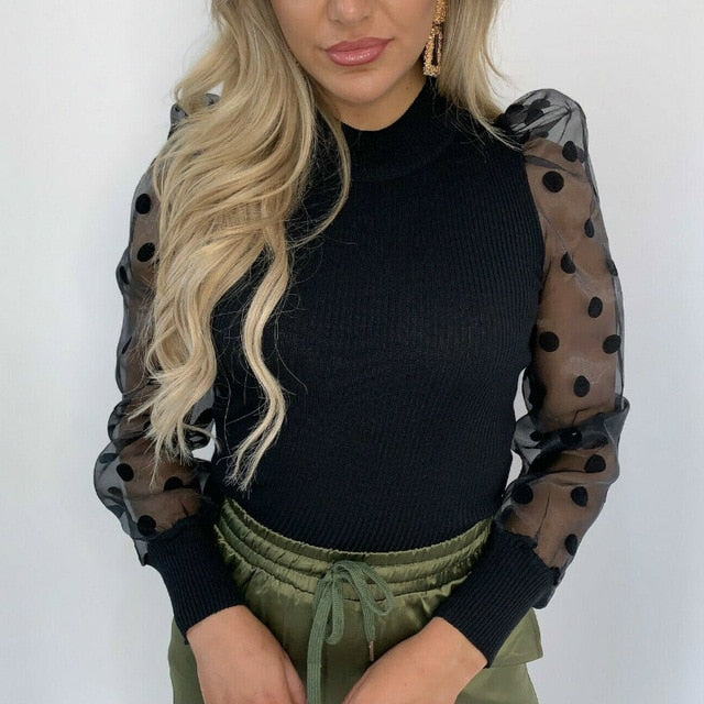 Elegant Knitted Patchwork Tops Blouse Mesh Puff Sleeve O-neck Streetwear 2019 New Fashion