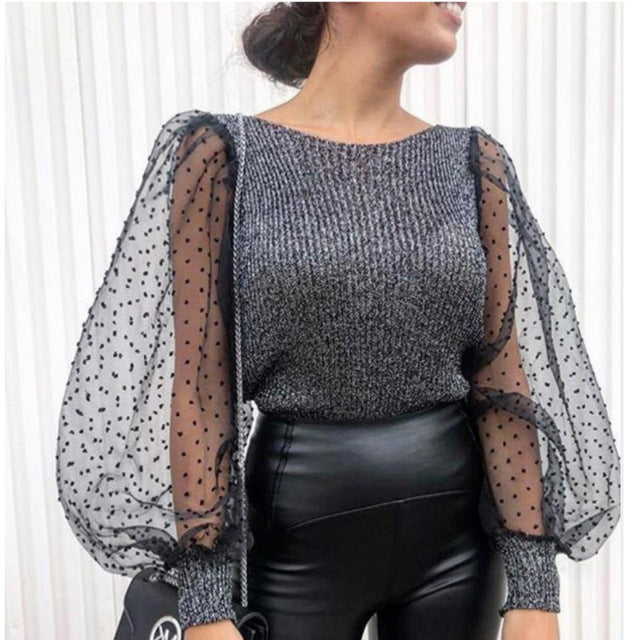 Elegant Knitted Patchwork Tops Blouse Mesh Puff Sleeve O-neck Streetwear 2019 New Fashion
