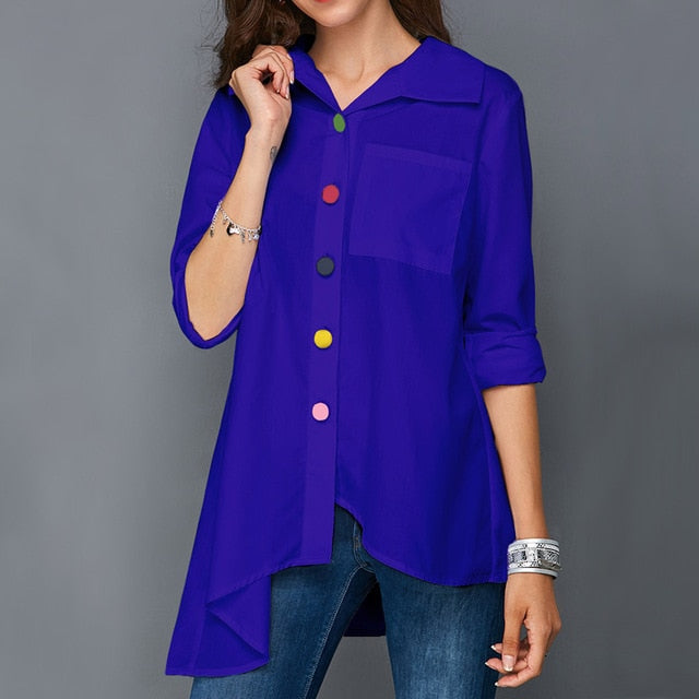 Plus Size Women White Shirt Tops Colorful Button Anomalistic Women's Blouse Long Sleeve Summer Tunic Fashion Woman Blouses 2019