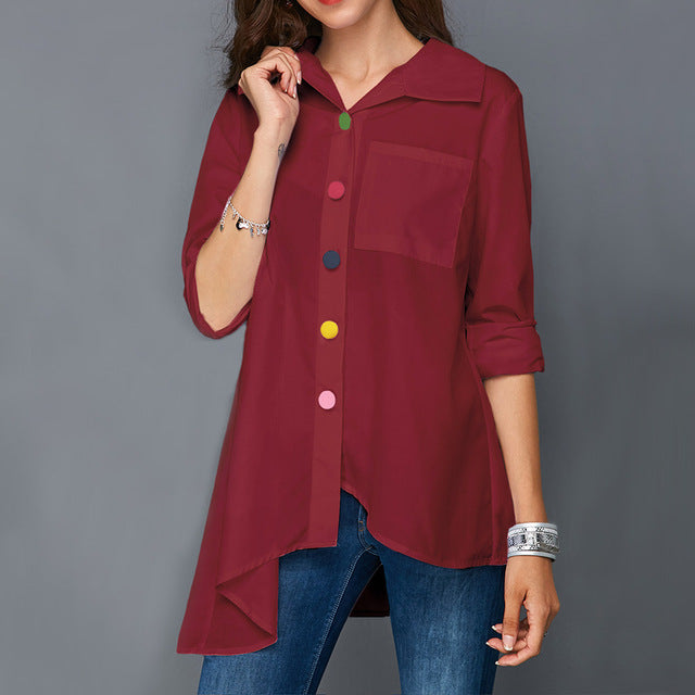 Plus Size Women White Shirt Tops Colorful Button Anomalistic Women's Blouse Long Sleeve Summer Tunic Fashion Woman Blouses 2019