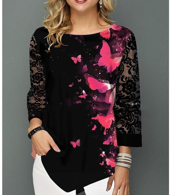 Shirt Women Spring Summer  Blouse 3/4 Sleeve Casual Printing  Female fashion shirt Tops Plus Size 5XL StreetShirt