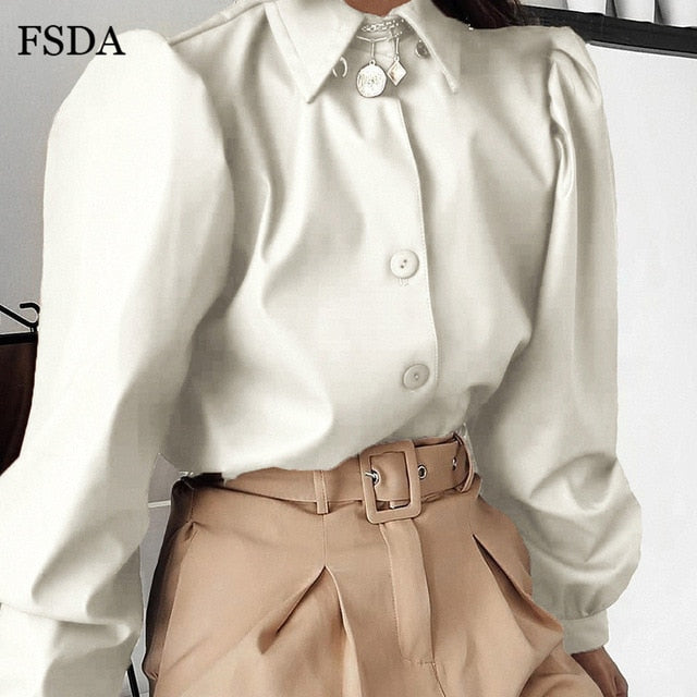 FSDA Long Puff Sleeve Turn Down Collar Women Shirt Button Faux Leather Elegant Fashion Autumn Winter Casual Brown Blouse Tops
