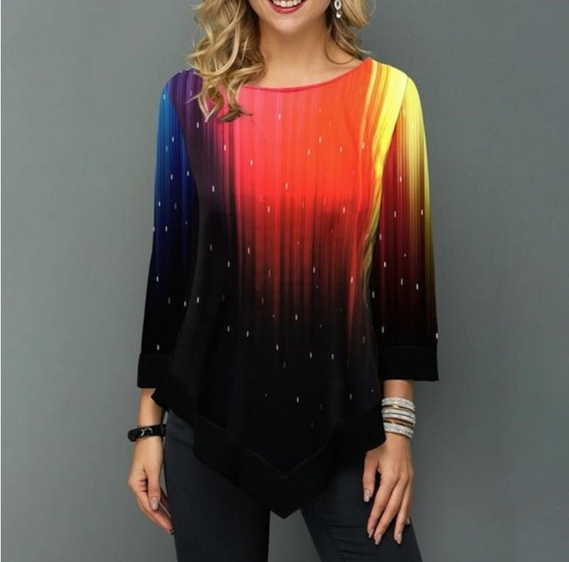 Shirt Women Spring Summer Printing Blouse 3/4 Sleeve Casual Hem Irregularity Female fashion shirt Tops Plus Size