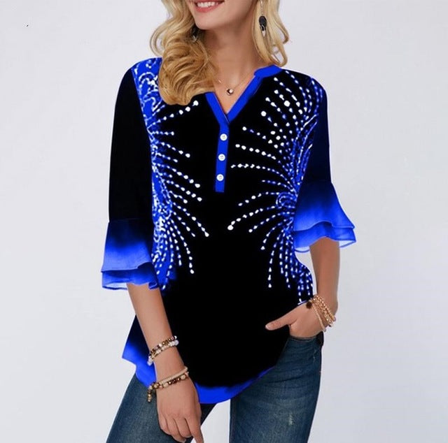 Shirt Women Spring Summer Printing Blouse 3/4 Sleeve Casual Hem Irregularity Female fashion shirt Tops Plus Size