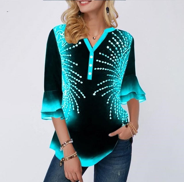 Shirt Women Spring Summer Printing Blouse 3/4 Sleeve Casual Hem Irregularity Female fashion shirt Tops Plus Size