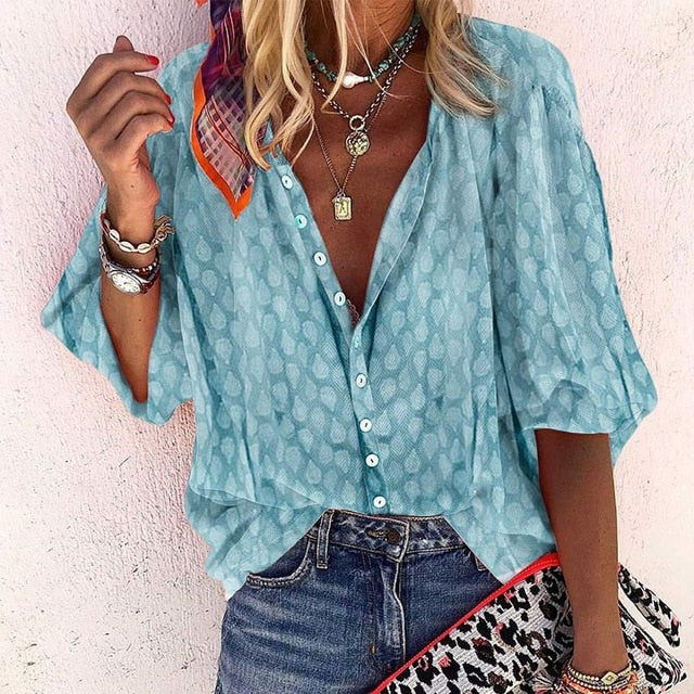 Women's V-Neck Half Sleeve Shirt Single Breasted Print Solid Shirts Top For Femaninie 2020 Summer Autumn Fashion Ladies Clothing