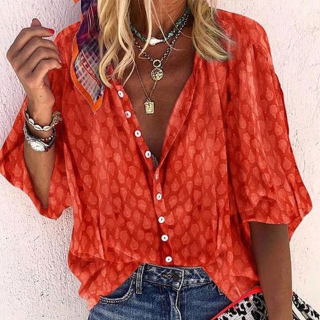 Women's V-Neck Half Sleeve Shirt Single Breasted Print Solid Shirts Top For Femaninie 2020 Summer Autumn Fashion Ladies Clothing
