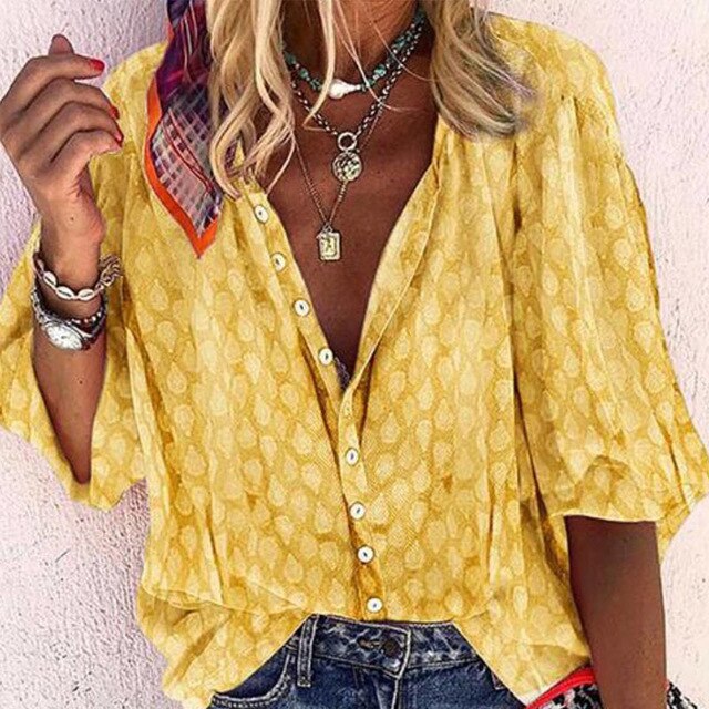 Women's V-Neck Half Sleeve Shirt Single Breasted Print Solid Shirts Top For Femaninie 2020 Summer Autumn Fashion Ladies Clothing