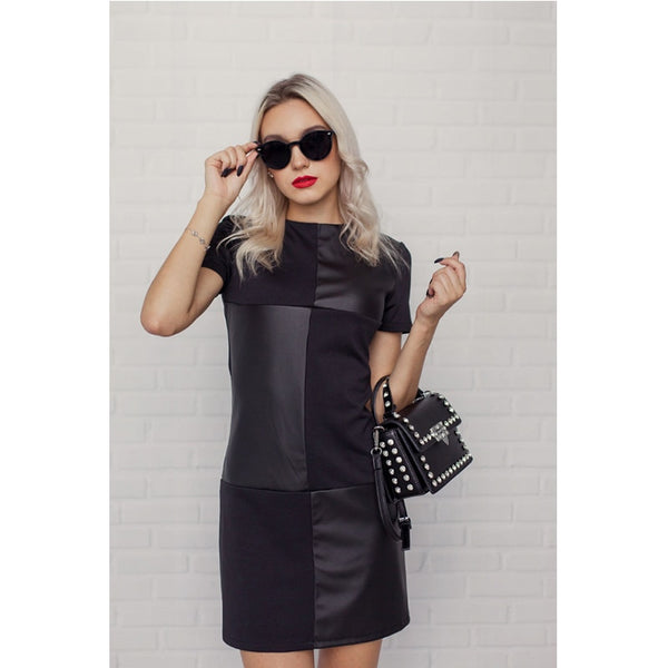 Femmes Vintage en cuir Patchwork élégant bureau robe à manches longues O cou solide décontracté Mini robe 2019 hiver nouvelle robe de mode