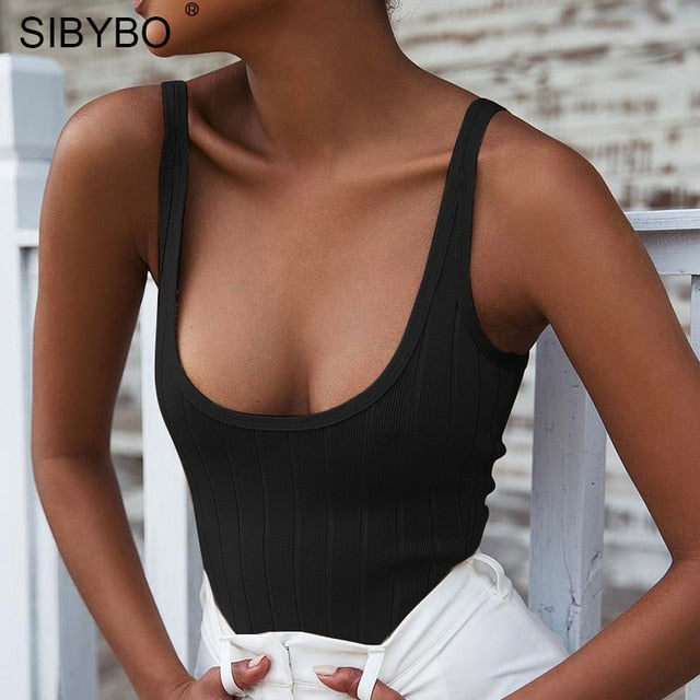 SIBYBO Ribbed Knitted Sexy Bodysuits Women Black Sleeveless Spring Slim Rompers Womens Jumpsuit Basic Playsuit Womens Tops
