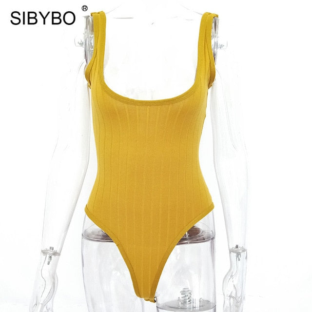 SIBYBO Ribbed Knitted Sexy Bodysuits Women Black Sleeveless Spring Slim Rompers Womens Jumpsuit Basic Playsuit Womens Tops