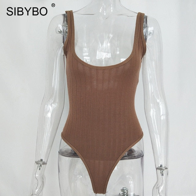 SIBYBO Ribbed Knitted Sexy Bodysuits Women Black Sleeveless Spring Slim Rompers Womens Jumpsuit Basic Playsuit Womens Tops