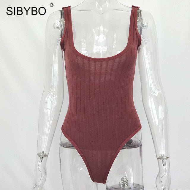 SIBYBO Ribbed Knitted Sexy Bodysuits Women Black Sleeveless Spring Slim Rompers Womens Jumpsuit Basic Playsuit Womens Tops