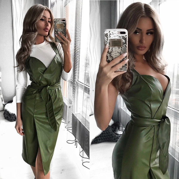 Mujeres fajas Pu cuero Club Sexy vestido espalda tira de espagueti cruzada moda vestido elegante para mujer hasta la rodilla 2019 Vintage cuello en v