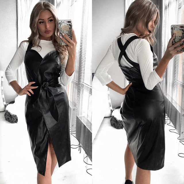 Mujeres fajas Pu cuero Club Sexy vestido espalda tira de espagueti cruzada moda vestido elegante para mujer hasta la rodilla 2019 Vintage cuello en v