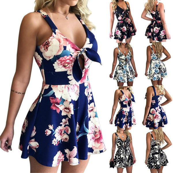 Sleeveless Backless Bohemian Beach Rompers Femaler Print Floral Overalls Casual Short Summe Jumpsuit Women Sexy Mini Playsuit