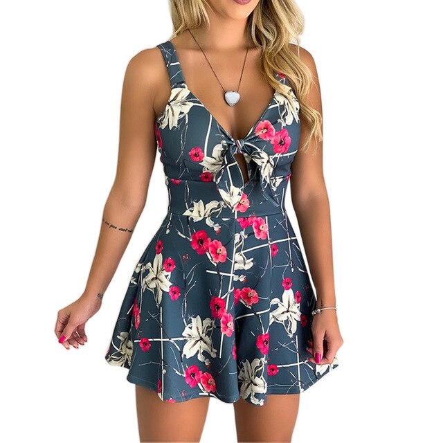 Sleeveless Backless Bohemian Beach Rompers Femaler Print Floral Overalls Casual Short Summe Jumpsuit Women Sexy Mini Playsuit